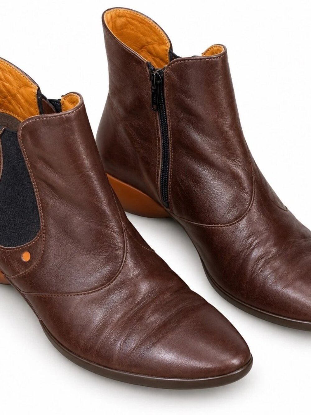 Think! Brown Leather Chelsea Ankle Boots Orange Dot Sz 9 US